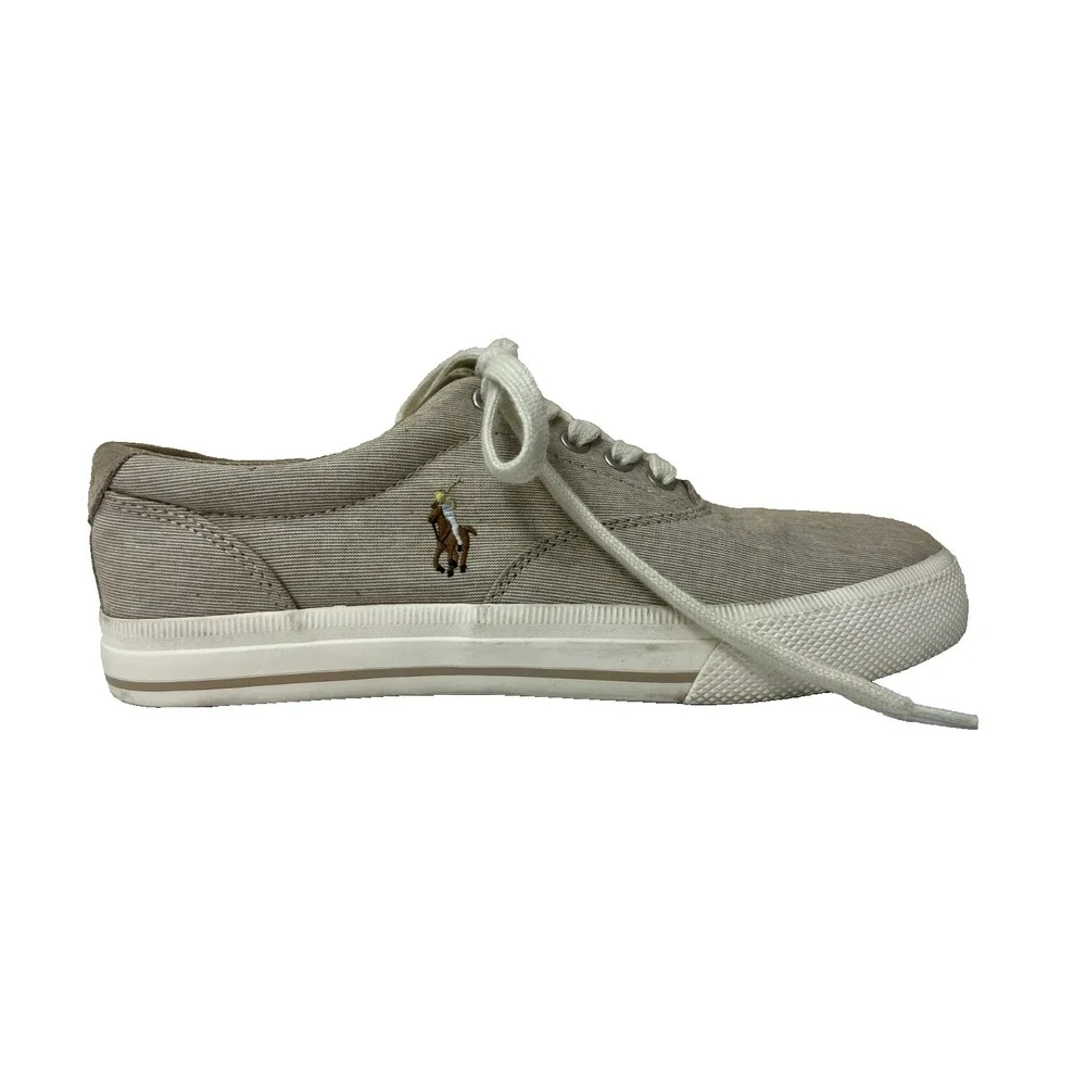 Polo Ralph Lauren Vaughn Low Sneaker Tan Pinstripe Shirting &‎ Suede Upper SZ 8